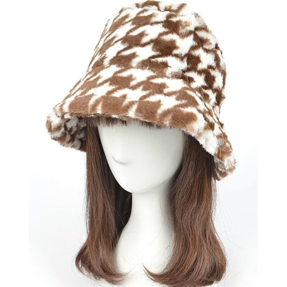 BNWT Brand New Houndstooth Print Faux Fur Bucket Hat - Picture 1 of 5